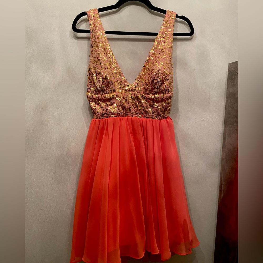 Coral & Gold Sequin Homecoming Dress
